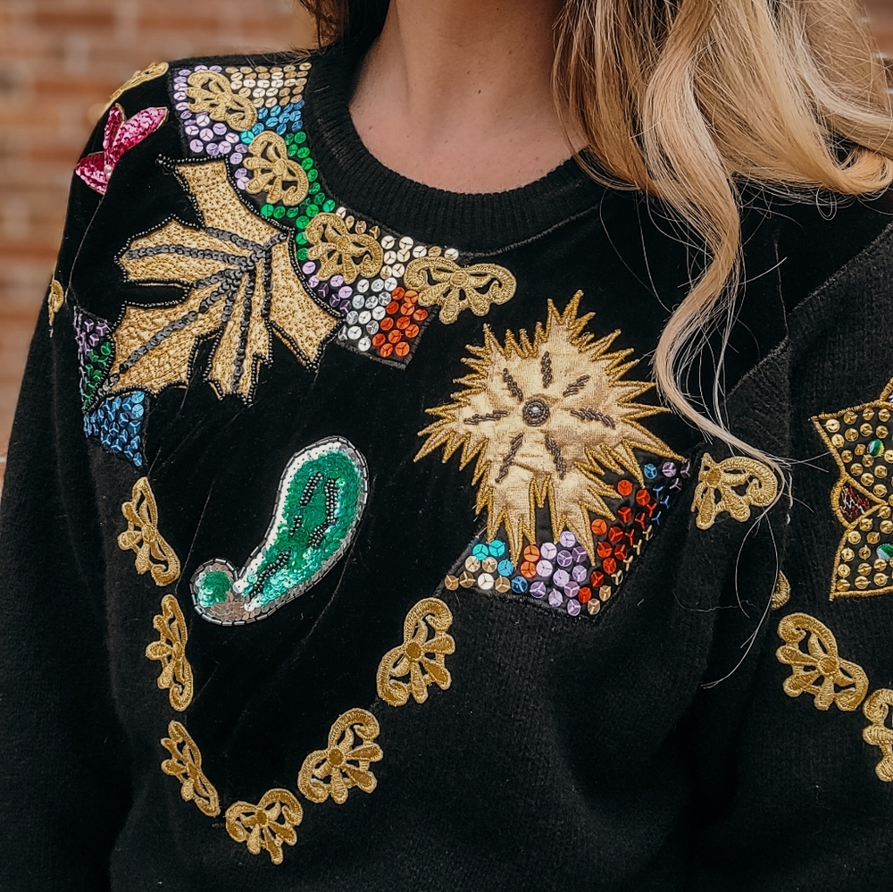 Vintage Lambswool & Angora Christmas Holiday sequin applique sweater siz…